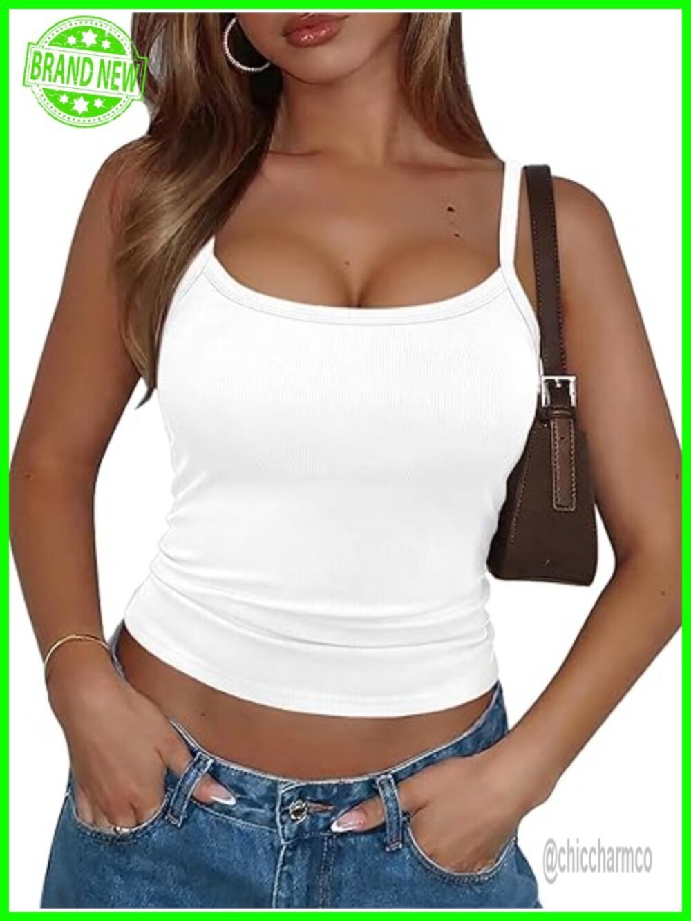 Women's Tank Top with Built in Bra Spaghetti Strap Crop Tank Padded Cami Ribbed